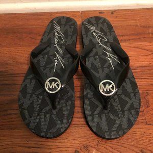 Black Michael Kors Silver Logo Flip Flops Size 8